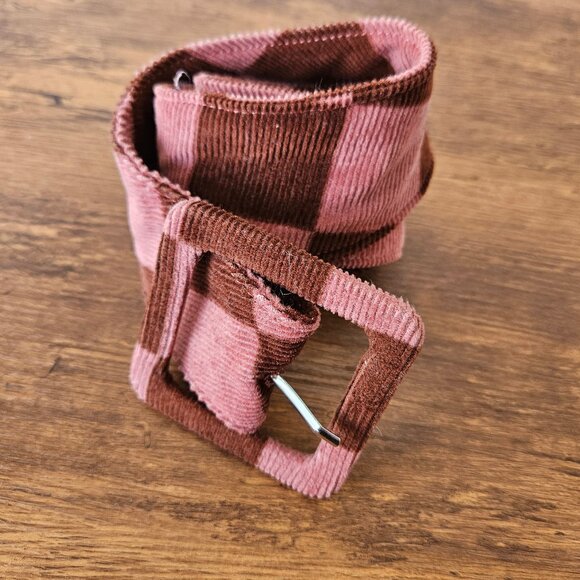Vintage 90s Y2K Pink Brown Corduroy Check Checkerboard Fabric Waist Belt S/M - Picture 1 of 6